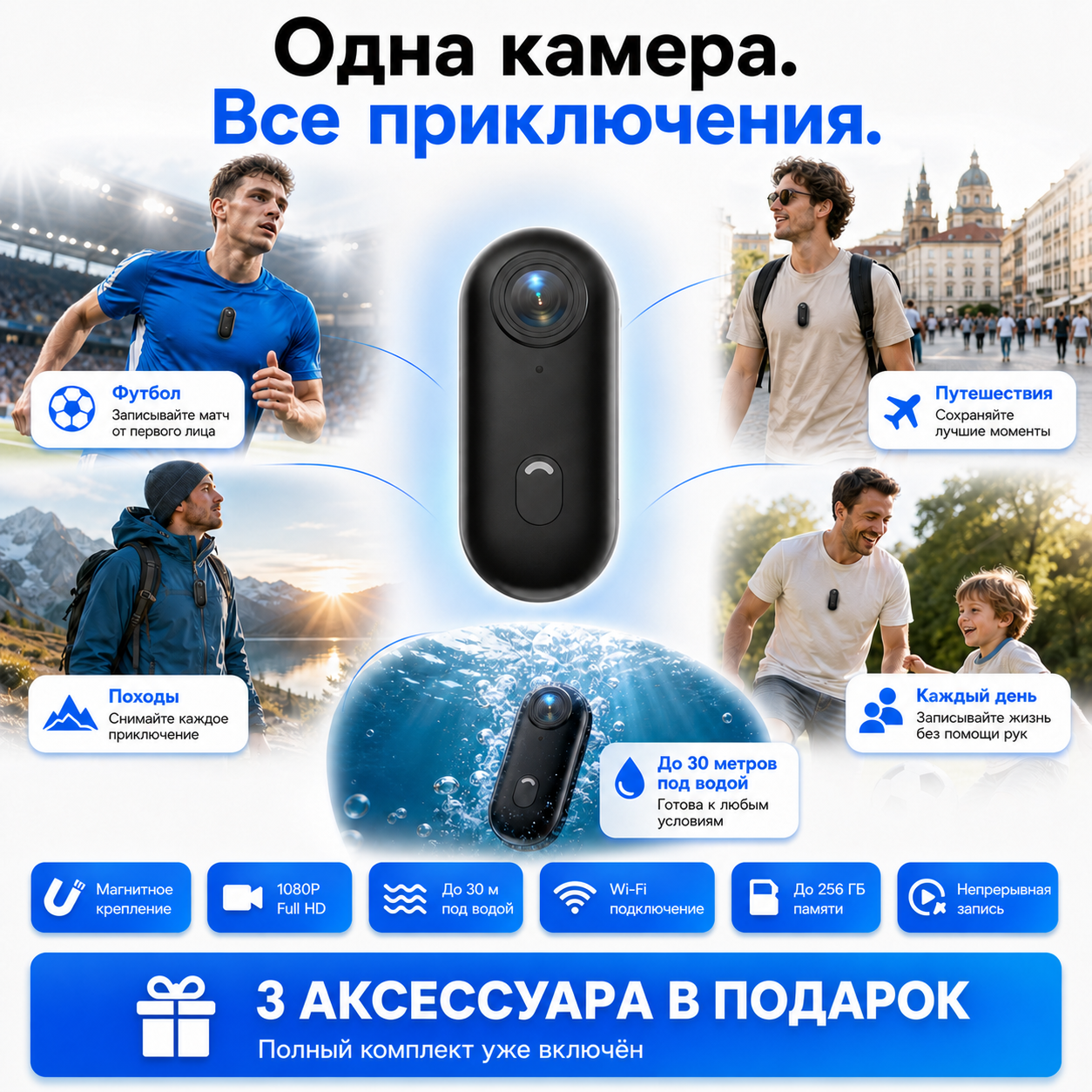 Экшн-камера ouna.uzk Full HD с тремя бесплатными аксессуарами для активных съемок и приключений