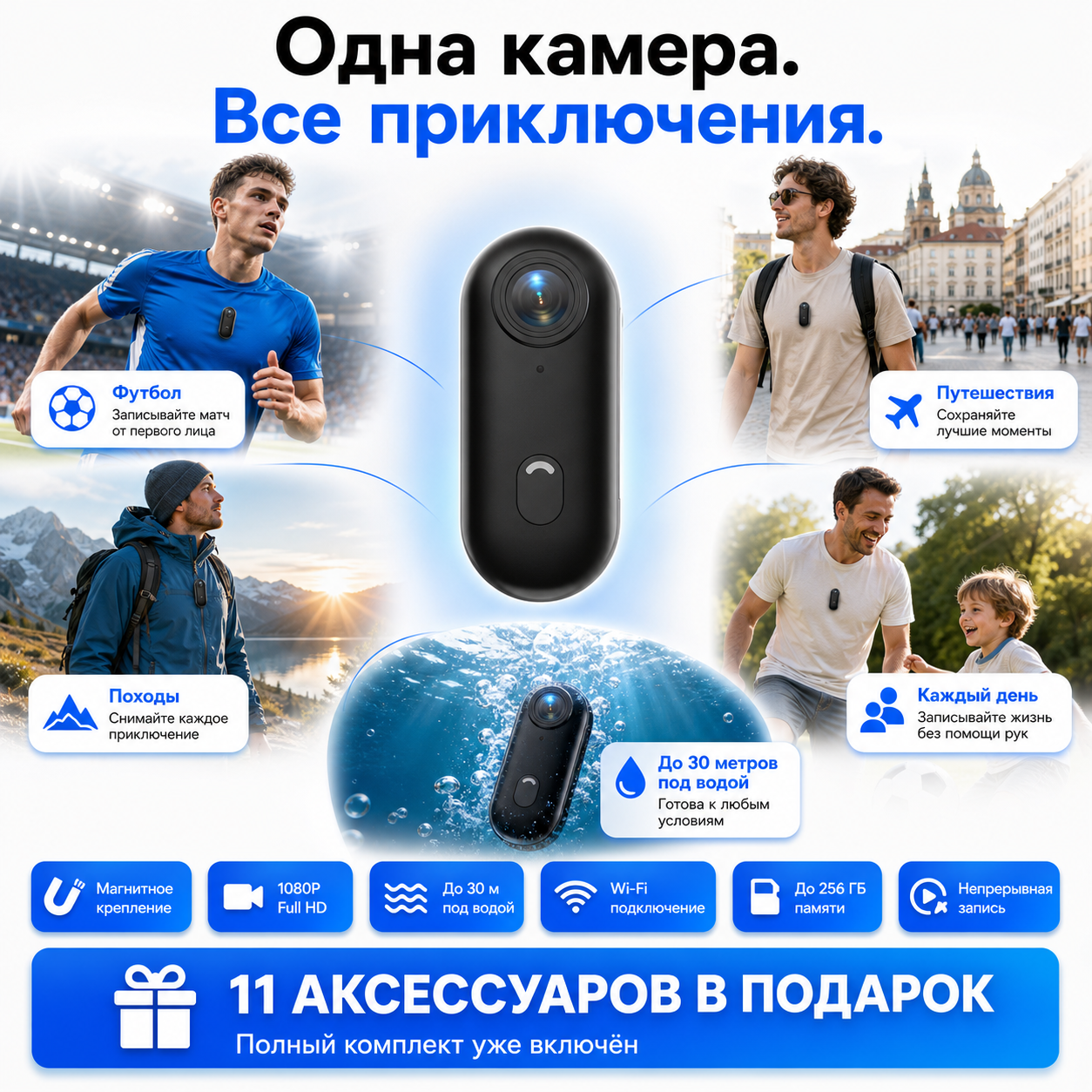 Экшн-камера ouna.uzk с высоким разрешением Full HD и комплект из 11 аксессуаров для съемки на природе и в путешествиях