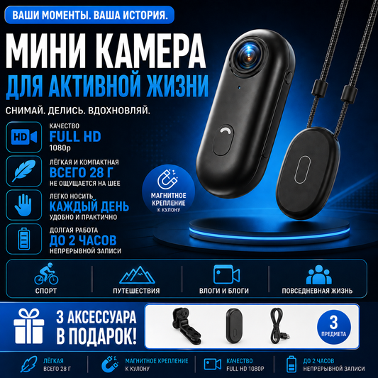 Экшн-камера ouna.uzk Full HD с широким обзором и 3 бесплатными аксессуарами для активного отдыха и видеосъемки