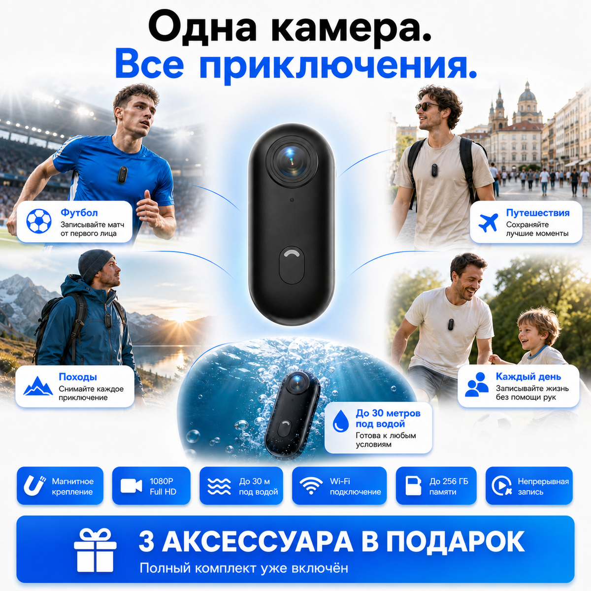 Экшн-камера ouna.uzk Full HD с тремя бесплатными аксессуарами для активных съемок и приключений